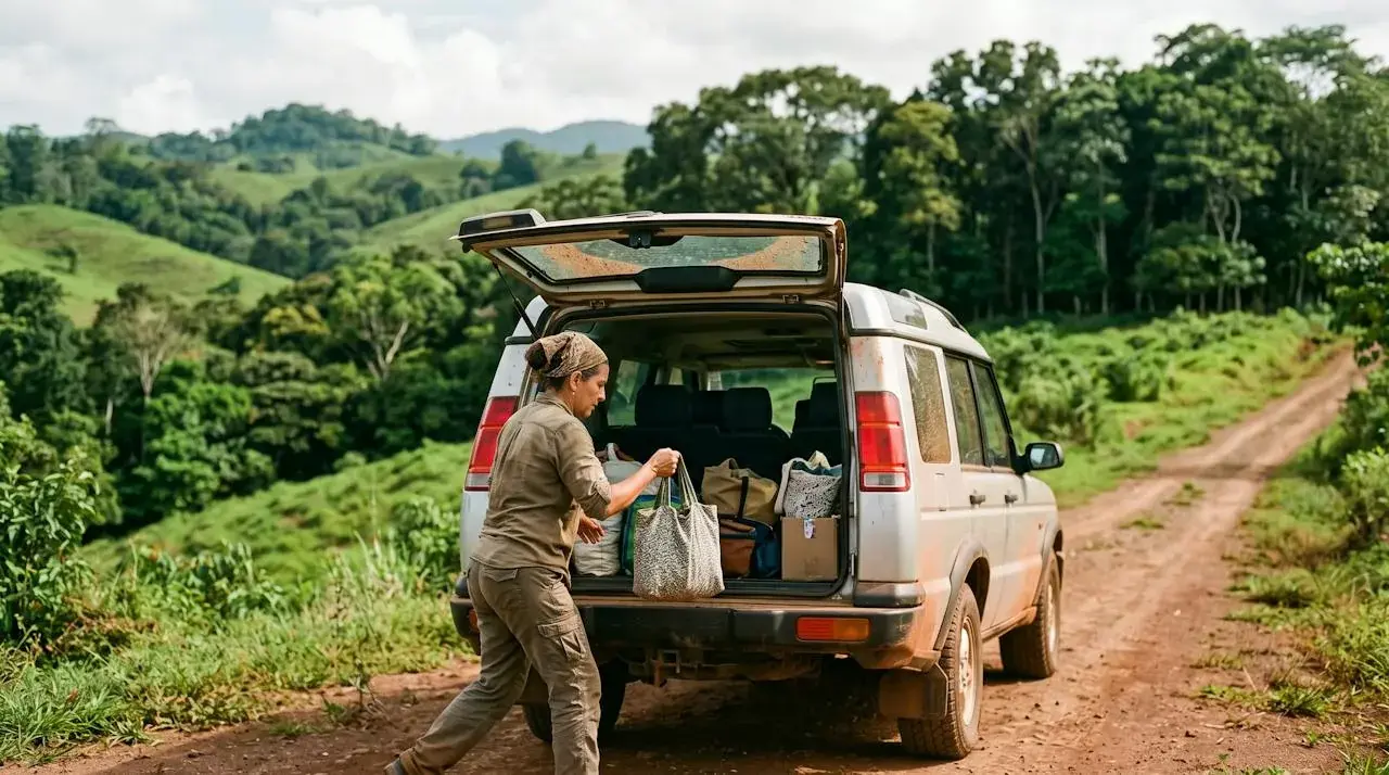 A person loading bags into a 4x4 on a rural Costa Rican road.