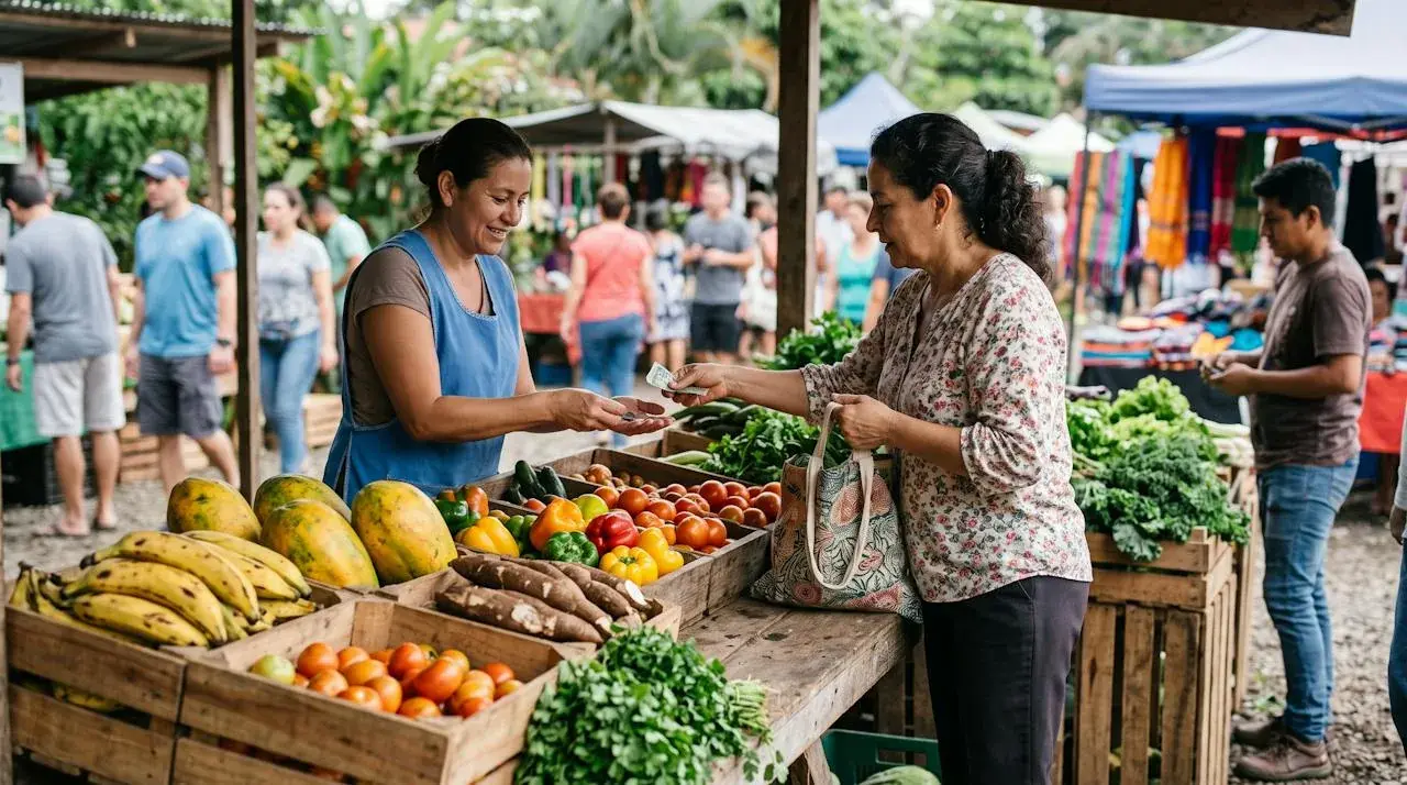 A shopper paying for vegetables at a Saturday farmers market (feria) in Costa Rica.
