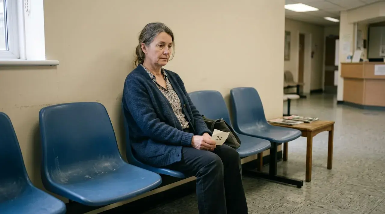 A person waiting in a public health clinic waiting area.