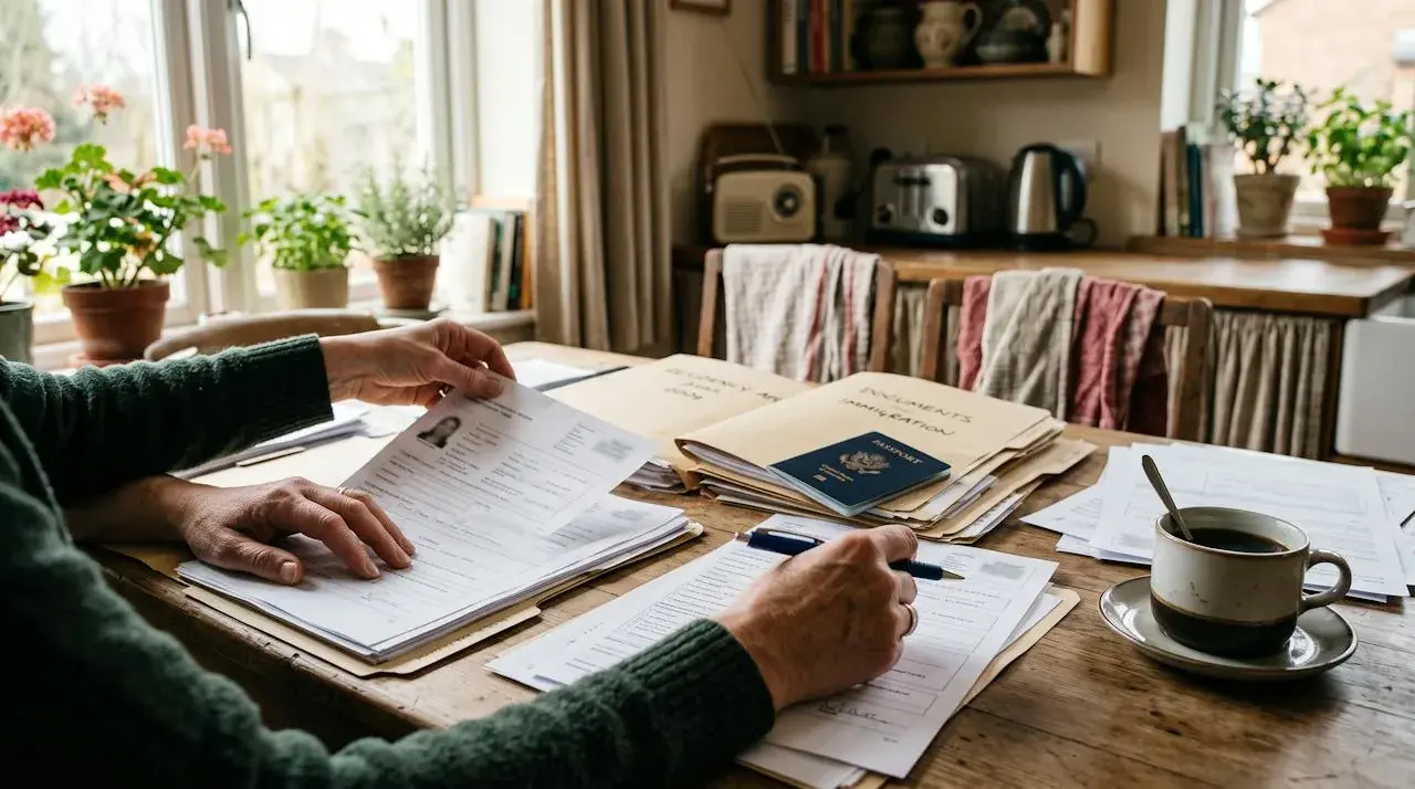 Residency paperwork, a passport and a coffee on a kitchen table.
