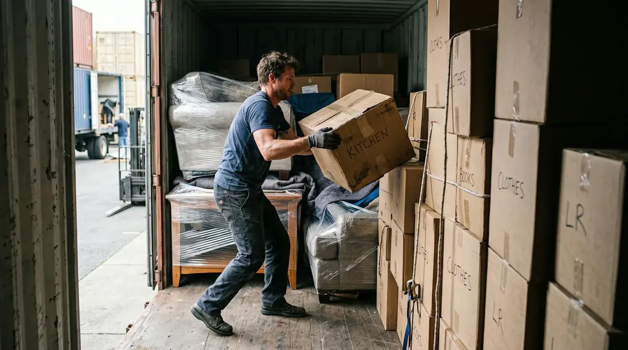 Household moving boxes being loaded into a shipping container.