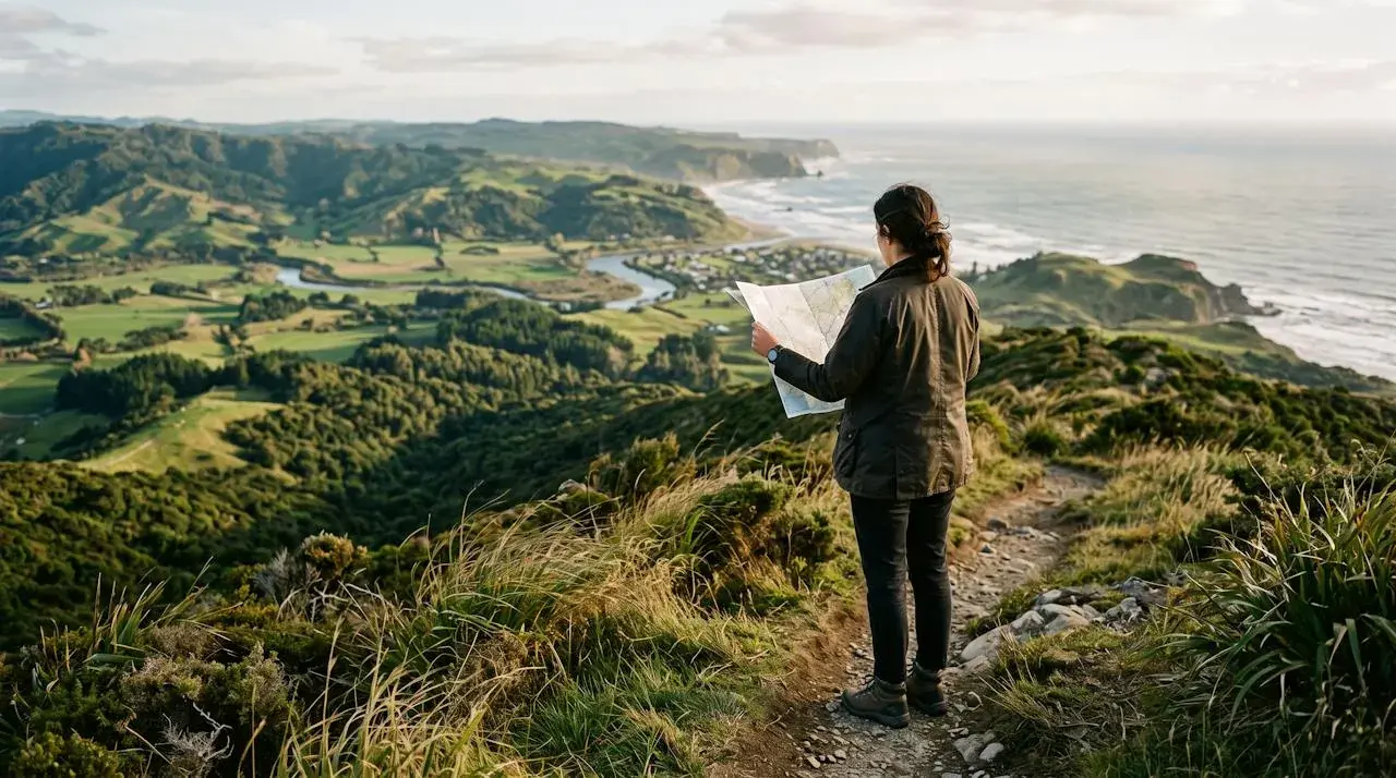A person at a hilltop viewpoint overlooking a valley and the Pacific coast.