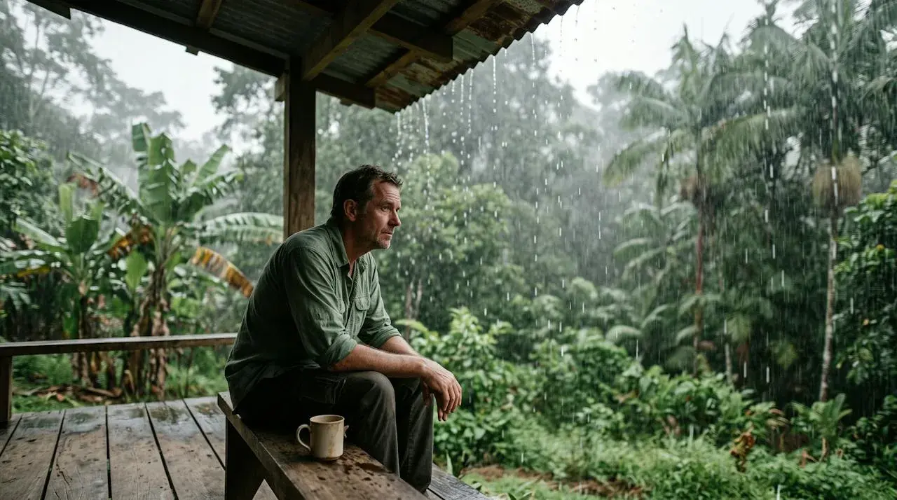 A person sitting on a covered porch during heavy tropical rain.
