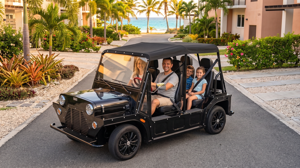 Family in an Onda EV on a palm-lined road
