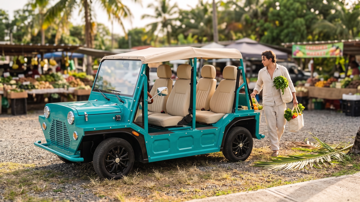 Turquoise Onda EV at a farmers market
