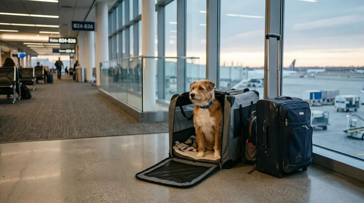 A calm dog sitting in an open travel crate beside luggage at an airport.