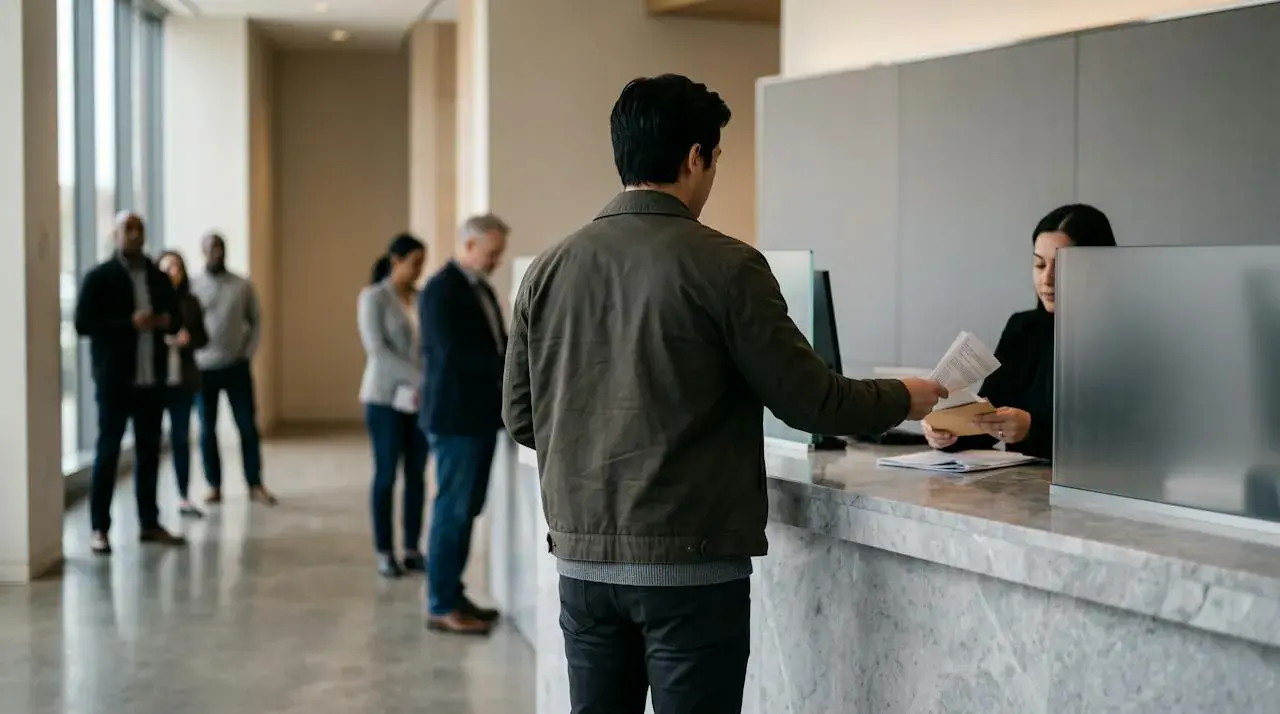 A person handing documents to a teller at a bank counter.