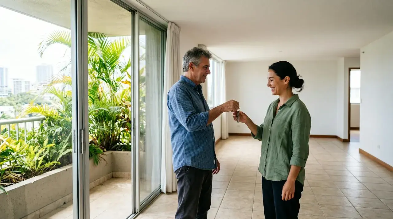 A landlord handing keys to a new tenant in an empty rental.