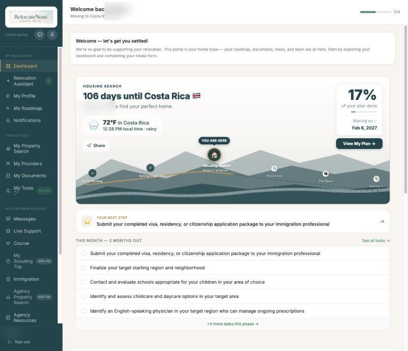 Your ReloHQ relocation dashboard — journey, tasks and timeline in one place
